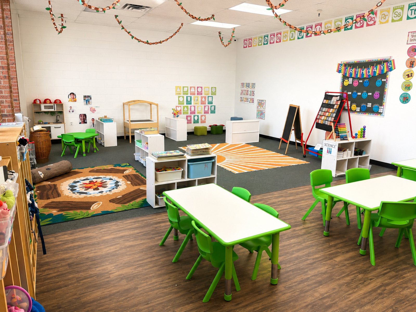 A Little Peaks classroom: child-height tables and chairs, a reading rug, learning centers with books and blocks, an easel, and an alphabet display around the wall